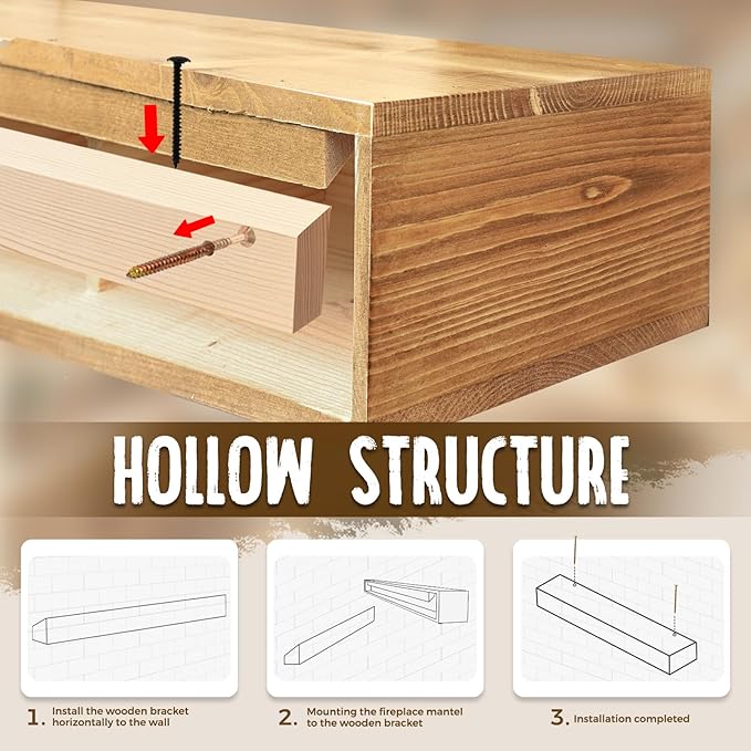 48x8x5 Fireplace Mantel - Handcrafted Rustic Solid Wood Wall Mounted Floating Shelf with Invisible Heavy Duty Wood Bracket (Natural)-CasaMuseHome