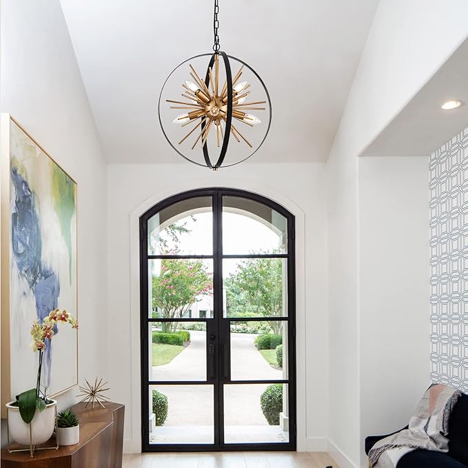 17.72'' Black Gold 8-Light Globe Sputnik Chandelier Modern Industrial Adjustable Hanging Ceiling Firework Pendant Light Fixture for Entryway Stairway Kitchen Dining Living Room Hallway-CasaMuseHome