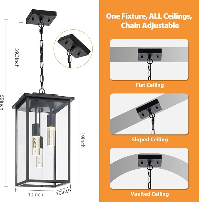 3-Color LED Outdoor Pendant Light with Remote, 3-Light 19" Large Outdoor Chandelier for Porch, Black Exterior Pendant Lighting Fixture Ceiling Mount Pendant Lantern for Patio Front Door-CasaMuseHome