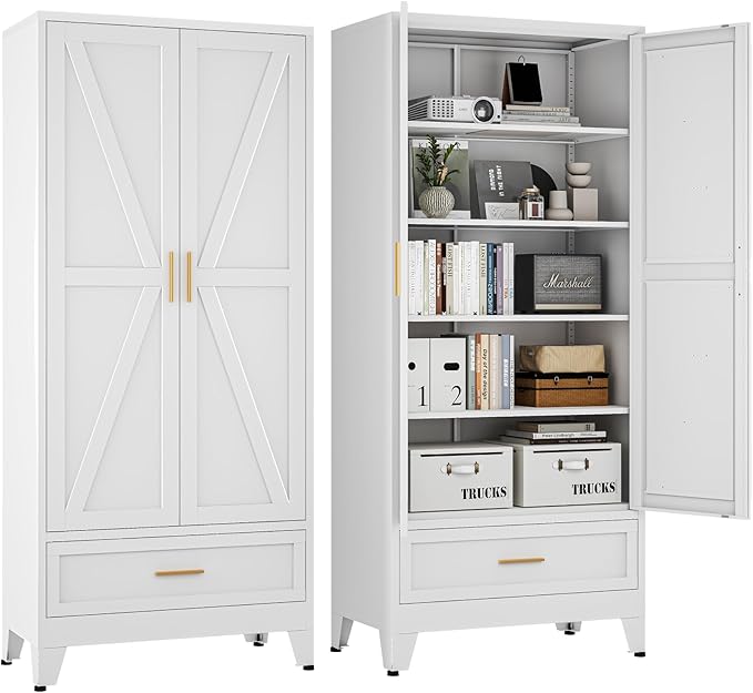 71 "Farmhouse Metal Filing Cabinet with a Drawer and 4 Adjustable Shelves, with 2 Large barn Door White Kitchen Cabinets, Metal Food Cabinets for Home, Kitchen, Dining/Living Room (White)-CasaMuseHome