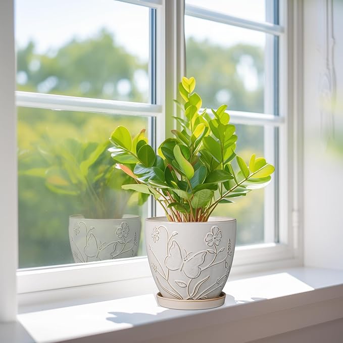 6 Inch Ceramic Plant Pot for Indoor Plants Outdoor Round Planter Flower Pot with Drainage Hole and Saucer for Home Garden Office Decor White-CasaMuseHome