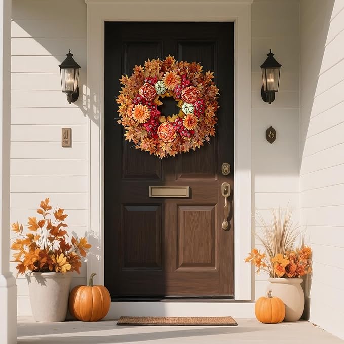 26" Fall Wreath for Front Door - Large Artificial Maple Leaves Fake Silk Peony Faux Pumpkin Outdoor Wreath for Porch, Window,Farmhouse,Home,Thanksgiving Day Harvest Festival Autumn Decor-CasaMuseHome