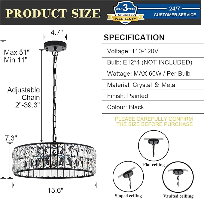 16” 4-Light Modern Crystal Chandeliers Black Dinning Room Light Fixture, Round Pendant Light Kitchen Island Chandelier, Flush Mount Ceiling Light for Living Room Entryway Bedroom Foyer-CasaMuseHome