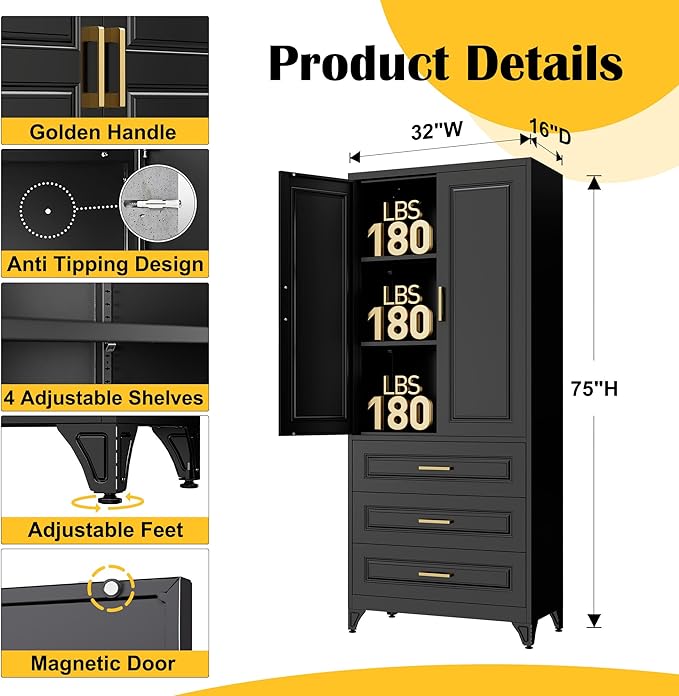 75" Kitchen Pantry Cabinet with 3 Drawers,Metal Storage Cabinets with Doors and 4 Adjustable Shelves,Black Kitchen Cabinet with 2 Gold Handles,Food Cupboard for Livingroom, Bathroom,Pantry-CasaMuseHome