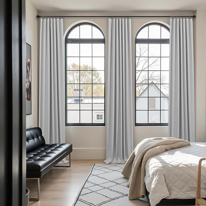 100 Percent Blackout Sliding Glass Door Curtains 120 Inches Long 2 Panels 10 FT Theater Floor to Ceiling Drape Linen Cotton Textured Luxury Curtains Farmhouse Black Out Light Grey Gray White Back Tab-CasaMuseHome