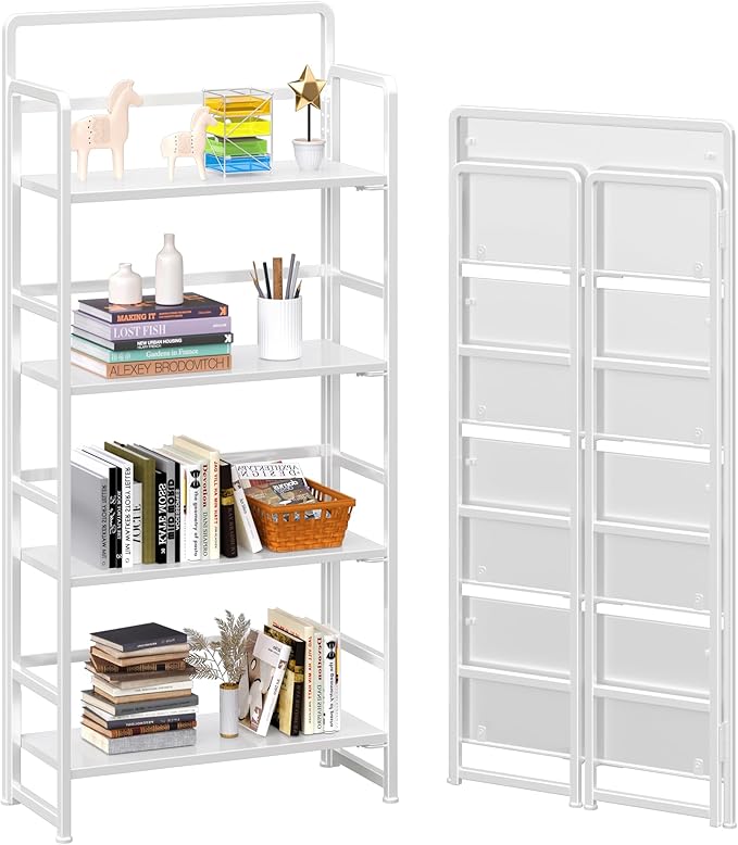 4NM No Assembly Foldable Bookshelf, 4-Shelf Collapsible Bookcase Storage for Small Spaces, 54" H, All White-CasaMuseHome