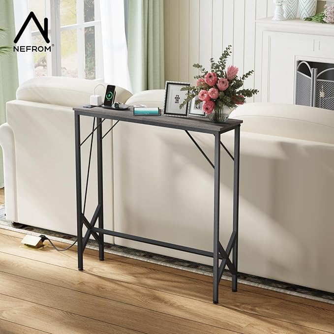 31.5‘’ Console Table, Skinny Entryway Table with Fast-Charging Station, Narrow Long Sofa Table, Behind Slim Couch Table for Entrance, Hallway, Living Room Decor ST-GY80-1-CasaMuseHome