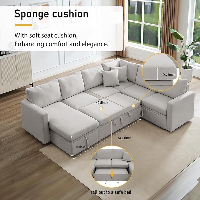7 - Seater Sofa Bed, Large U - Shaped Modular Sectional Sofa, Oversized Pull - Out Sleeper with Storage for Living Room, Light Grey-CasaMuseHome