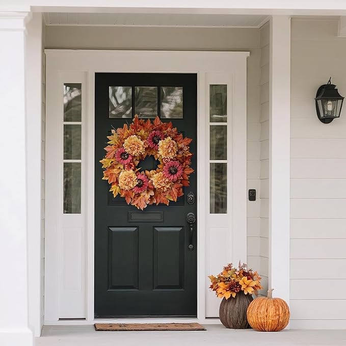28'' Large Fall Wreath for Front Door, Porch, Window- Artificial Maple Leaves Faux Sunflower Hydrangea Pumpkins Outdoor Autumn Wreath for Home, Farmhouse Wall Thanksgiving Day Harvest Festival Decor-CasaMuseHome