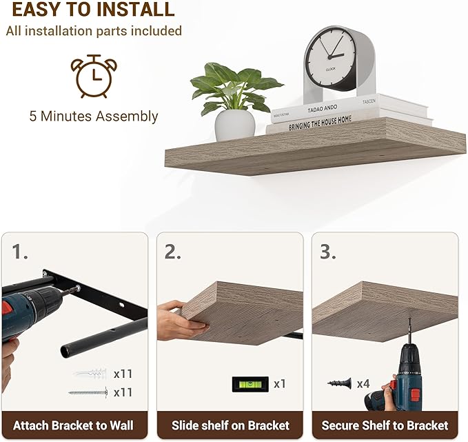 24 Inch Floating Shelves, 3D Textured Wood Grain, 24"x9.25"x1.5" Inch Deep Floating Shelves for Wall, Wooden Shelves for Bathroom, Bedroom, Living Room, Vintage Gray Oak-CasaMuseHome
