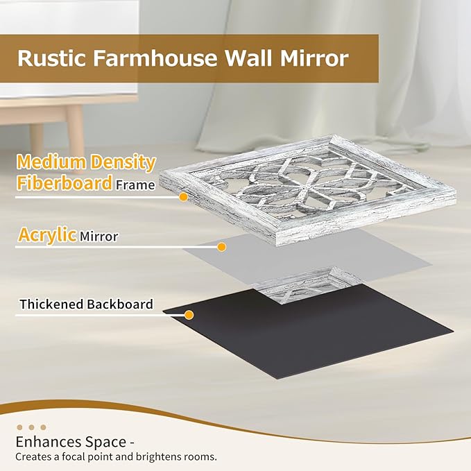 4pcs Farmhouse Wall Mirror with Carved Floral Design -Rustic Mirror Decor for Home, 12x12 inch(Grey)-CasaMuseHome