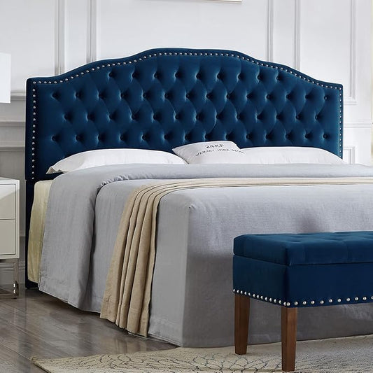 24KF Upholstered Button Tufted King Headboard with Nailhead Trim, Soft Velvet Fabric Headboard King/CA King - Navy-CasaMuseHome
