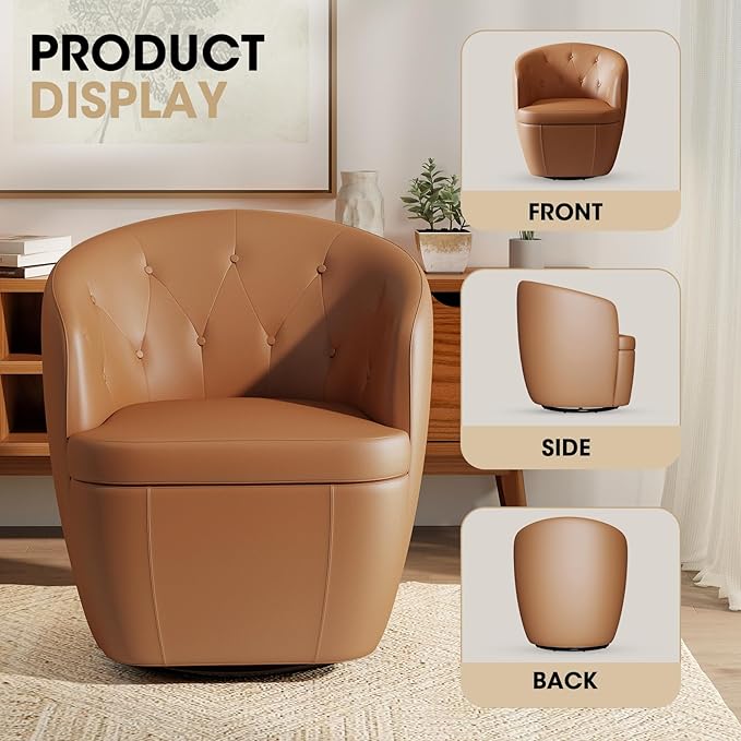 360° Swivel Leather Accent Chair, Modern Barrel Club Chair with Leather Upholstery and Sturdy Base, Comfortable Armchair for Living Room, Bedroom, Reading Nook, Brown-CasaMuseHome