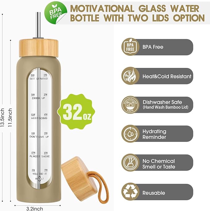 32 oz Glass Water Bottle with Straw - Motivational Time Marker & Silicone Sleeve - Reusable Tumbler Includes 2 Bamboo Lids & Fruit Infuser - 1 Pack-CasaMuseHome