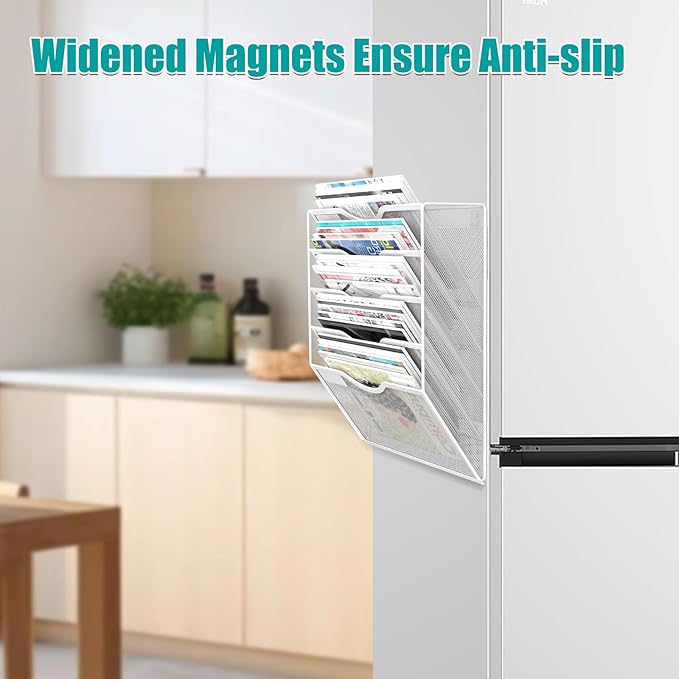 5-Tier Magnetic File Organizer, No Drilling Installation, White Magnetic Paper Holder, Magazine Rack for Refrigerator and File Cabinets-CasaMuseHome