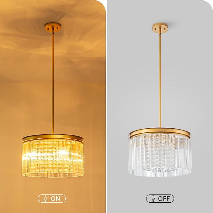 4-Lights Drum Glass Chandelier, Modern Style Light Fixture for Dining Room, Bedroom, Ripple Glass Shade & Brass Finish, D16.5 * H18~48 inch (Adjustable Height)-CasaMuseHome