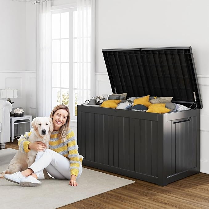 230 Gallon Resin Deck Box, Lockable Patio Outdoor Storage Box for Furniture, Garden Tools and Tools Storage, Waterproof Outside Storage Boxes - Black-CasaMuseHome