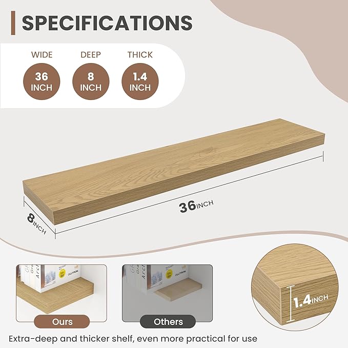 36 Inch Floating Shelves, 8 Inch Deep Floating Shelves for Wall, Hanging Shelf with Invisible Brackets, Deep Shelves for Bathroom, Bedroom, Living Room, Oak, Set of 2-CasaMuseHome