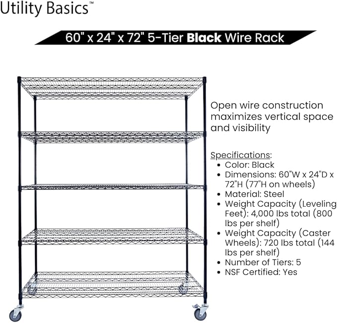 60"x24"x72" Black 5-Tier Premium Metal Wire Shelving NSF 4000 LBS MAX Capacity Heavy Duty Steel Storage Rack for Warehouse, Garage, Hospital, Commercial Space & School w/Premium Wheels-CasaMuseHome