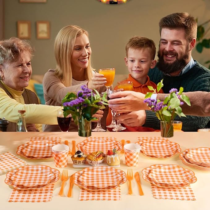 350 Pcs Orange and White Gingham Party Supplies - Orange Gingham Paper Plates and Napkins Sets Serve 50 - Scalloped Checkered Plates for Birthday Picnic Fall Halloween Thanksgivng Party Decorations-CasaMuseHome