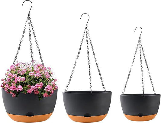 8/10/12 inch Plant Pot Hanging Planters Self Watering Pots for Indoor Plants, 3 Pack Plastic Hanging Basket with Removable Tray for Home Garden Porch Balcony Patio Decor(Black)-CasaMuseHome