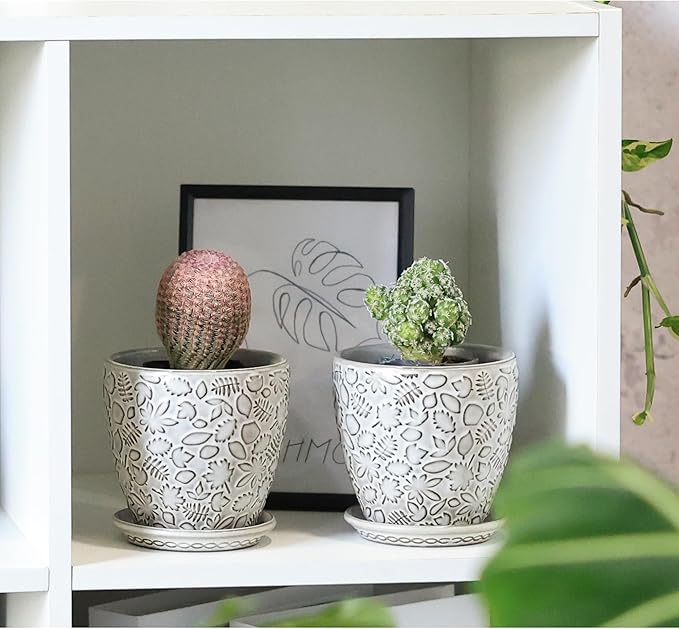 4 Inch Mini Plant Pots, Ceramic Succulent Planter with Drainage Hole and Saucers for Indoor Plants, Small Garden Pots for Succulent, Herb and Flower, Set of 4-CasaMuseHome