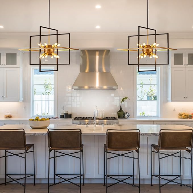 31.5'' Large Modern Lantern Chandeliers, 12-Light Black Gold Geometric Pendant Light Fixture, Industrial Hanging Chandelier for Entryway Foyer Hallway Dining Room, Kitchen Island-CasaMuseHome