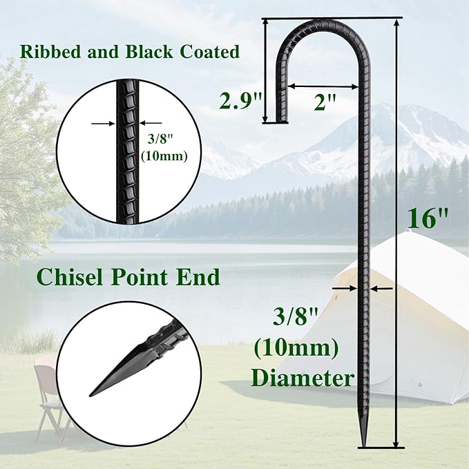 16 Inch Rebar Stakes J Hook 26 Pack Ground Stakes Heavy Duty Tent Stakes with Chisel Point End Chain Link Fence Stakes Galvanized Steel Ground Anchors Metal Spikes Black Coated-CasaMuseHome