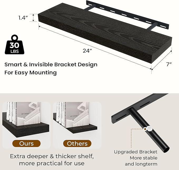 24 inch Floating Shelves Long Floating Shelves for Wall Large Wall Mounted Shelves with Invisible Brackets, Black Shelves for Bathroom, Living Room, Kitchen, Office, 24x6.7 inch deep Set of 2-CasaMuseHome