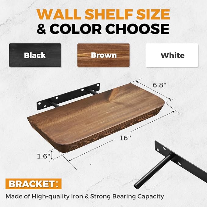 16"x6.8"x1.6" Slanted Floating Wall Shelves 2-Pack - Rustic Brown Finish, Heavy-Duty Solid Wood Design with Hidden Brackets - Perfect for Living Room, Kitchen, Bathroom, or Office-CasaMuseHome