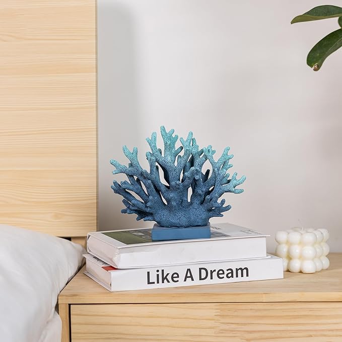 5.8" H Blue Coral Decor, Resin Coral Statue, Nautical Decorations for Home, Beach/Coastal/Ocean Themed Cabinet Shelf Tabletop Decor-CasaMuseHome
