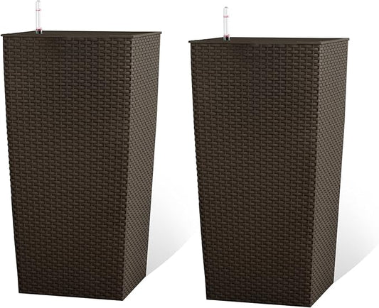 2Pcs 23in High Large Plant Pots Planter-Self-Watering,Modern Planter with Drain Holes,Water Level Monitor,Inner Bucket for Indoor/Outdoor Front Porch Patio,Brown Rattan-CasaMuseHome