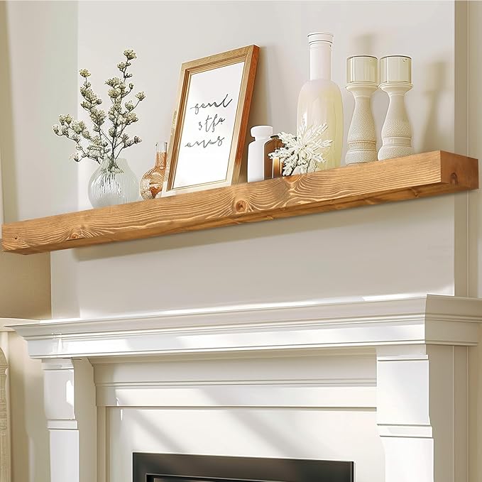 72x7x3 Fireplace Mantel - Solid Rustic Wood - Wall Mounted Floating Shelf with Invisible Heavy Duty Steel Bracket (Natural Wood)-CasaMuseHome