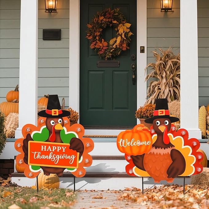 2 PCS Fall Decorations Outdoor Metal Happy Thanksgiving Decorative Garden Stakes with Led Light Welcome Pumpkin Turkey Yard Signs Fall Harvest Lawn Garden Lawn Pathway Decor-CasaMuseHome