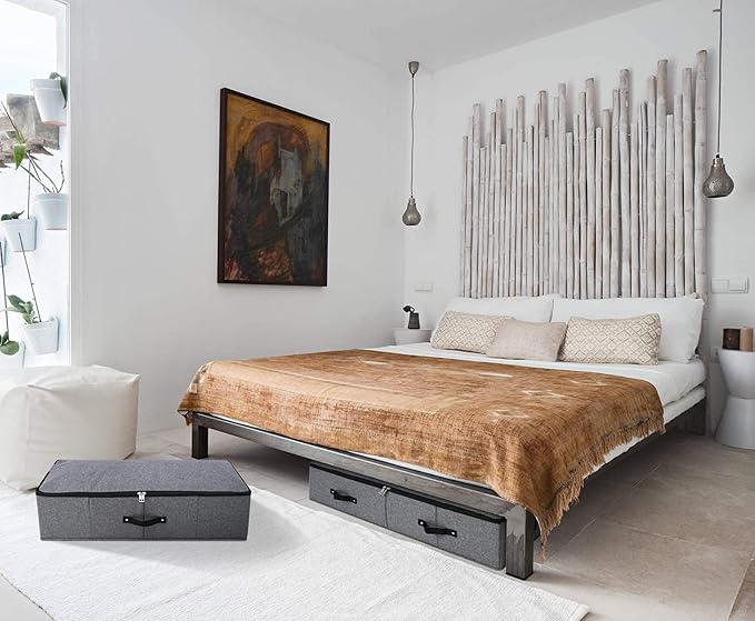 2PCS Foldable Under Bed Storage Box with Plastic Support Liner, Handles, Zipper lid, Blankets Clothes Comforters Storage Bin Organizer for Bedroom and Closet, 29×15×7inch, Black Grey-CasaMuseHome