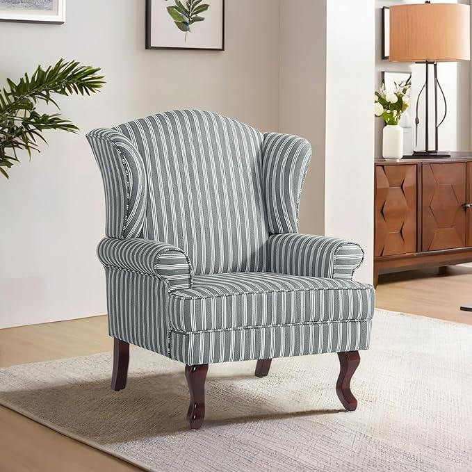 Accent Chair, High Back Upholstered Armchair with High Resilience Sponge & Wood Legs, Mid-Century Modern Comfy Single Sofa Reading Chairs for Living Room, Bedroom (Stripe Grey, Set of 1)-CasaMuseHome