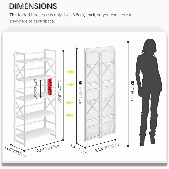 4NM 5 Tiers No Assembly Book Shelves, 51.2" H Folding Bookshelf Bookcase Open Industrial Foldable Shelves for Bedroom, Living Room, Home Office - All White-CasaMuseHome