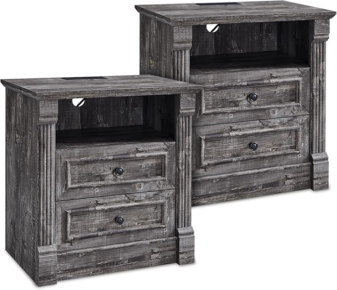 26" Tall Farmhouse Nightstand Set of 2, 2 Drawers End Table w/Charging Station, 23.6" Wide Large Side Table w/Roman Column, Wood Rustic Sofa Table w/Open Shelf, Bedside Table for Bedroom, Light Gray-CasaMuseHome