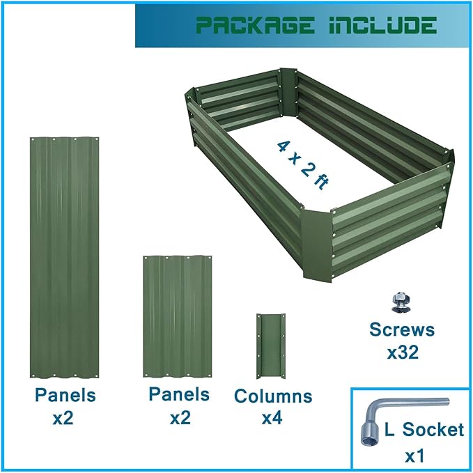 4x2x1ft Metal Raised Garden Bed Kit，Galvanized Garden Bed Box for Vegetables, Flowers, Herbs, and Succulents,60 Gallon Capacity - Green-CasaMuseHome