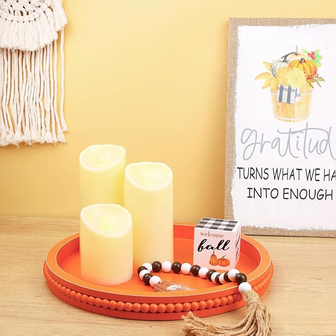 Round Orange Wood Serving Tray with Beads, Wooden Decorative Tray for Entertaining, Decoration, and Gifting,-CasaMuseHome
