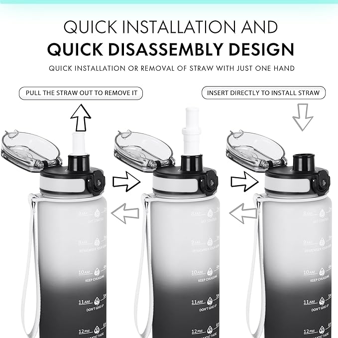 32oz Motivational Water Bottles with Time Marker & Fruit Strainer, Transparent Gradient Color Water Bottle with Times to Drink, Leakproof & BPA Free, Reusable Bottle with Strap (No Straw)-CasaMuseHome