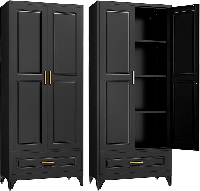 75" Kitchen Pantry Cabinet with Drawer, Metal Storage Cabinets with Doors and 4 Adjustable Shelves,Black Kitchen Cabinet with 2 Gold Handles,Food Cupboard for Livingroom,Pantry-CasaMuseHome