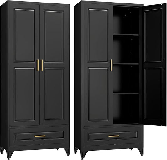 75" Kitchen Pantry Cabinet with Drawer, Metal Storage Cabinets with Doors and 4 Adjustable Shelves,Black Kitchen Cabinet with 2 Gold Handles,Food Cupboard for Livingroom,Pantry-CasaMuseHome