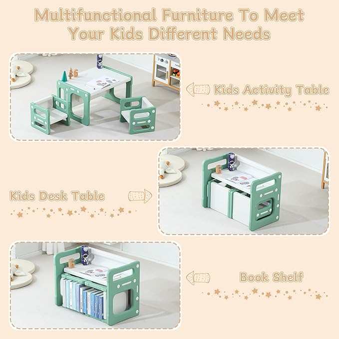 3 in 1 Montessori Weaning Table and 2 Chairs Set, Kids Activity Table Set, 2 Height Levels, Toddlers Activity Table for Drawing, Dining, Reading and Playing, Green-CasaMuseHome
