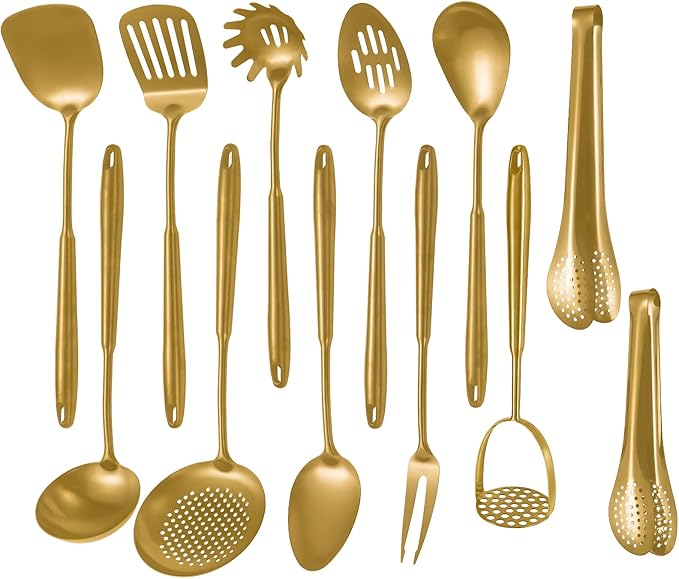 304 Stainlss Steel Matte Kitchen Utensils Set, 12 Pcs Long Metal Cooking Utensil Gadgets Tools Set with Spatula, Ladle, Spoon, Ladle, Skimmer, Tunner, Pasta Server, Tongs(Gold, Dishwasher Safe)-CasaMuseHome