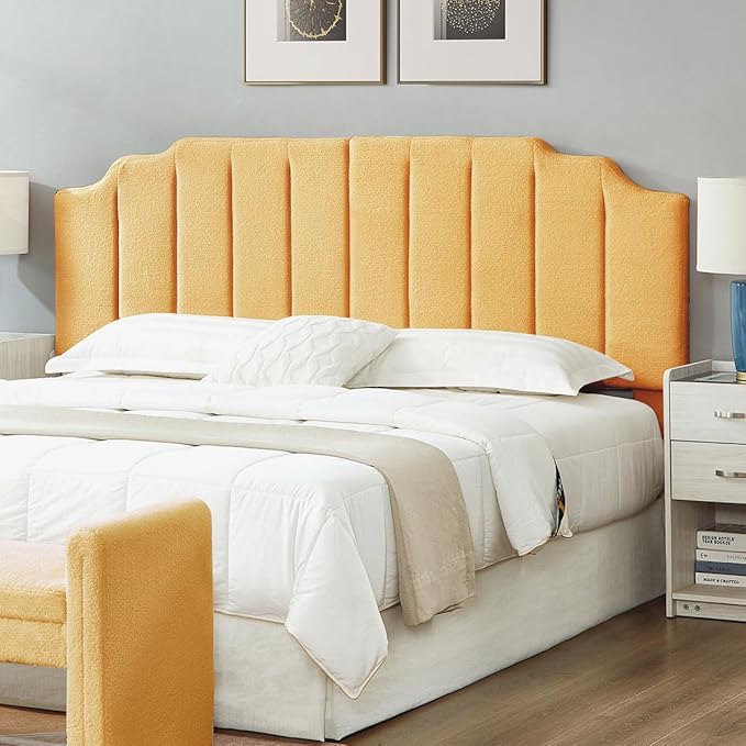 24KF Yellow Teddy Fabric Tufted King Upholstered Headboard, Modern Vertical Channel Design California King Headboard with Stepped Silhouette Top Edge,6026-K-Teddy Yellow-CasaMuseHome