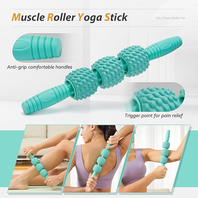 5 in1 Foam Roller Set, Trigger Point Foam Roller, Massage Roller Stick, Massage Ball, Resistance Band for Deep Muscle Massage Pilates Yoga,Fitness Exercise for Whole Body (Pure Turquoise)-CasaMuseHome