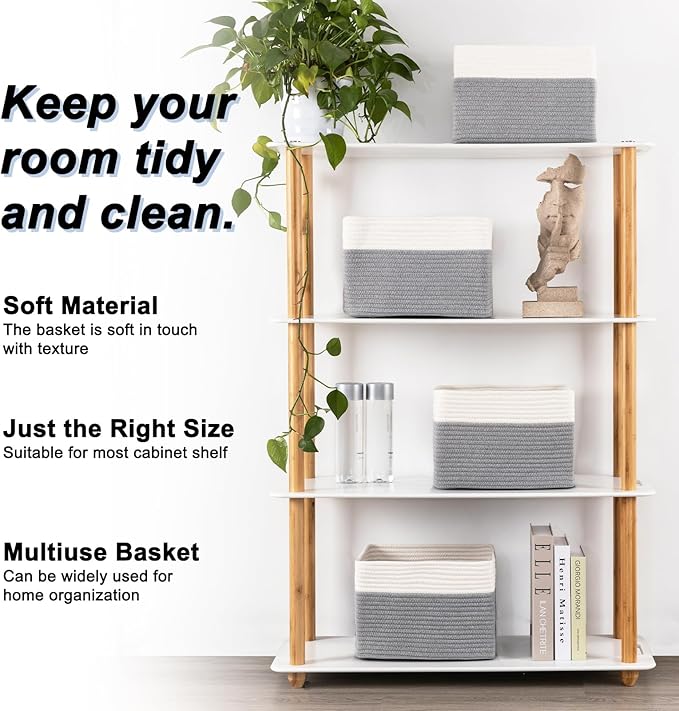4 Pack Storage Baskets for Organizing, Woven Baskets for Shelves - Perfect for Toys, Books, Towels, and Clothes, Durable Gift Basket Bins Toy Storage, 12.7''L x9''W x7.8''H, Grey and White-CasaMuseHome