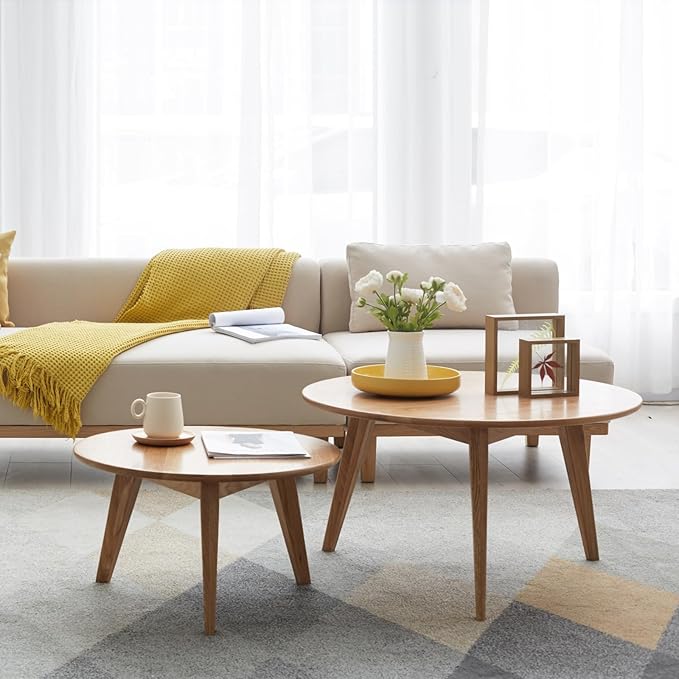 100% Solid Oak Wood Coffee Table Set, Round Coffee Table Combo Side Table w/Solid Wood Legs, Mid Century Table Sturdy Tables for Bedroom Balcony Living Room (Natural, Big-Medium Combo)-CasaMuseHome