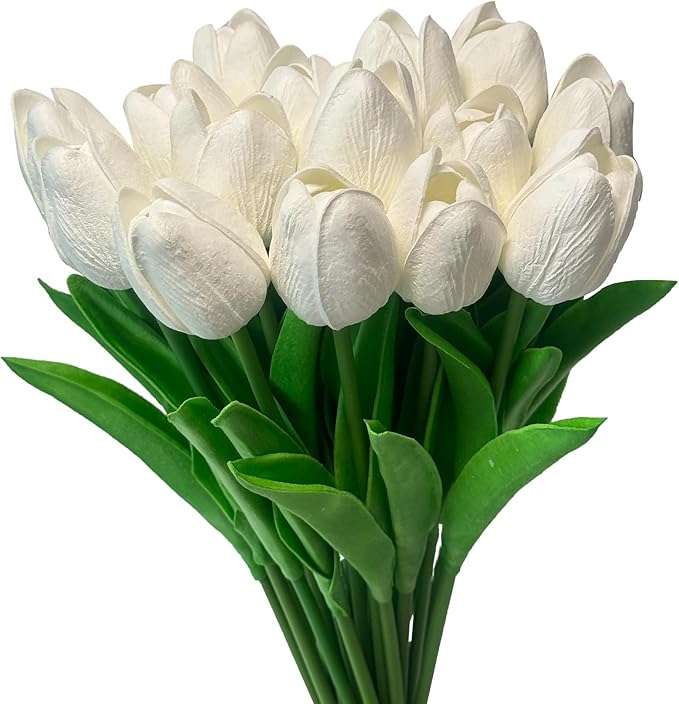15pcs White Tulips PU Artificial Flowers Real Touch Fake Tulips for Spring Easter Home Kitchen Wedding Bouquet Bulk Mother's Gift Day Decorations-CasaMuseHome